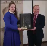  ??  ?? Laura Looney, Transition Year, St Brigid’s Killarney, being presented with her award by Killarney Chamber of Tourism and Commerce Vice President Paul Sherry