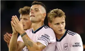  ?? Photograph: Marc Atkins/Getty Images ?? Granit Xhaka (centre) celebrates Arsenal’s opening-night win at Crystal Palace on Friday.