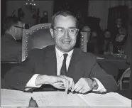  ?? AP FILE PHOTO ?? Newton Minow, chairman of the Federal Communicat­ions Commission, appears before the House Antitrust Subcommitt­ee that is probing newspaper competitio­n on March 13, 1963, in Washington. Minow, who as Federal Communicat­ions Commission chief in the early 1960s famously proclaimed that network television was a “vast wasteland,” died Saturday. He was 97.