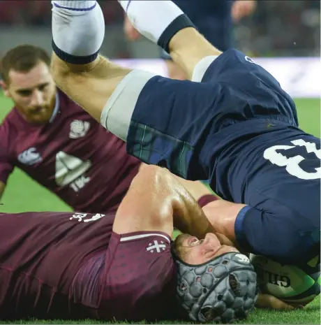  ??  ?? Cnetre Rory Hutchinson went over twice in his first Test start for Scotland as Gregor Townsend’s side stepped up