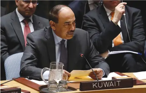  ?? (Shannon Stapleton/Reuters) ?? KUWAIT’S SHEIKH Sabah Khalid Al Hamad Al Sabah, deputy prime minister and foreign minister, speaks during a UN Security Council meeting earlier this year.