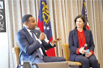  ?? GEORGIA PUBLIC BROADCASTI­NG ?? Atlanta Mayor Andre Dickens, left, speaks Tuesday at an Atlanta Press Club luncheon in Buckhead with moderator Patricia Murphy.