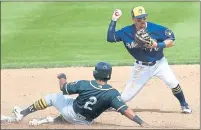  ?? MATT YORK — ASSOCIATED PRESS ?? The A’s Khris Davis is forced out at second by the Brewers’ Nate Orf during Wednesday’s spring training game in Phoenix.