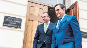  ?? ERIC BARADAT/AFP/GETTY IMAGES ?? Mexican Foreign Minister Luis Videgaray, left, and Mexico’s Secretary of Economy Ildefonso Guajardo in Washington, D.C., Wednesday after a day of talks on renegotiat­ing NAFTA.