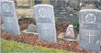  ??  ?? Soldiers’ graves Last resting place at Ballengeic­h Cemetery of (left) James Keeask, Solomon Sutherland and Peter Jakozom