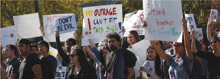  ?? (Reuters) ?? GOOGLE EMPLOYEES stage a ‘women’s walkout’ earlier this month at their Googleplex offices in Mountain View, California.