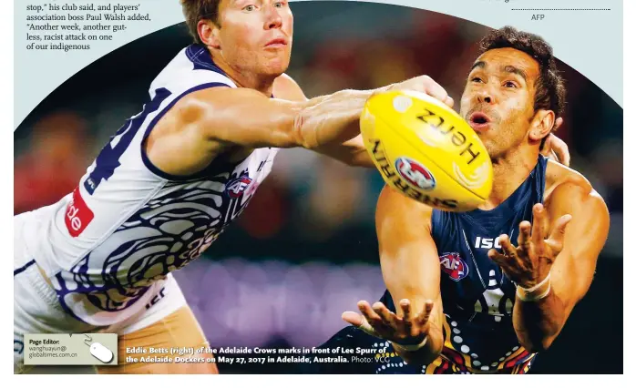  ?? Photo: VCG ?? Eddie Betts (right) of the Adelaide Crows marks in front of Lee Spurr of the Adelaide Dockers on May 27, 2017 in Adelaide, Australia.