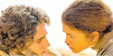  ?? AP ?? This image released by Warner Bros. Pictures shows Timothee Chalamet, left, and Zendaya in a scene from ‘Dune: Part Two’.