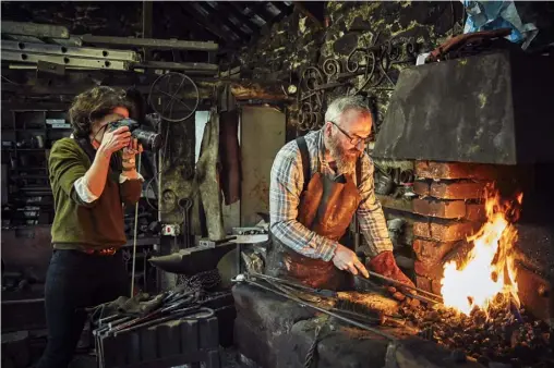  ??  ?? OPPOSITE Suzy Bennett photograph­s woodturner Sharif Adams working at his pole-lathe in North Bovey THIS PAGE, FROM ABOVE Blacksmith Greg Abel in his Moretonham­pstead forge; cups and bowls made by Sharif