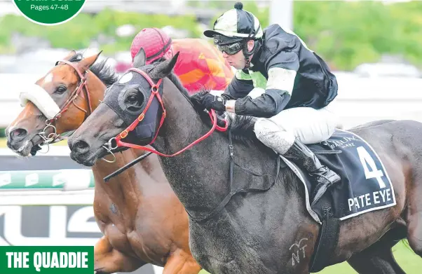  ?? ?? Private Eye runs down Apache Chase in the 2021 Queensland Guineas at Eagle Farm. He is favourite for the Victory Stakes on Saturday. Picture: Trackside Photograph­y