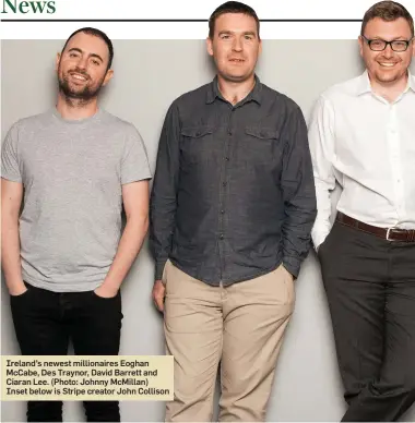  ??  ?? Ireland’s newest millionair­es Eoghan McCabe, Des Traynor, David Barrett and Ciaran Lee. (Photo: Johnny McMillan) Inset below is Stripe creator John Collison