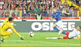  ??  ?? Italy’s Cristiano Biraghi scores past Polish goalkeeper at the Silesian Stadium in Chorzow for the only goal.