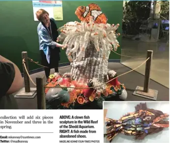  ??  ?? ABOVE: A clown fish sculpture in the Wild Reef of the Shedd Aquarium. RIGHT: A fish made from abandoned shoes. MADELINE KENNEY/ SUN- TIMES PHOTOS