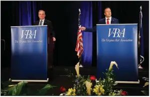  ?? AP/STEVE HELBER ?? U.S. Sen. Tim Kaine (left) and Republican challenger Corey Stewart face off Saturday at the Virginia Bar Associatio­n-sponsored debate in Hot Springs, Va.