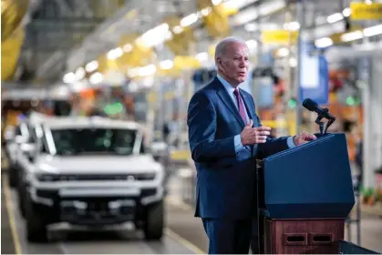  ?? Nic Antaya/Getty Images ?? Joe Biden speaks at the General Motors Factory Zero electric vehicle assembly plant in Detroit, Michigan, on 17 November 2021. Photograph: