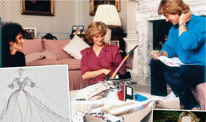  ??  ?? By royal appointmen­t: Diana works with the Emanuels on outfits for a 1986 tour of the Gulf. Inset left, the disputed wedding dress sketch from 1981