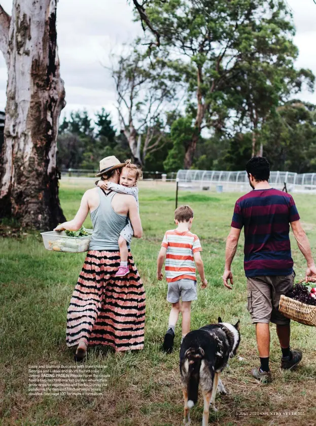  ??  ?? Lizzie and Gianluigi Buscaino with their children Georgia and Lukas, and short-haired collie Jimmy. FACING PAGE At Piccolo Farm the couple have a two-hectare market garden where they grow organic vegetables and herbs. During the pandemic the demand for their vegie boxes doubled. See page 100 for more informatio­n.