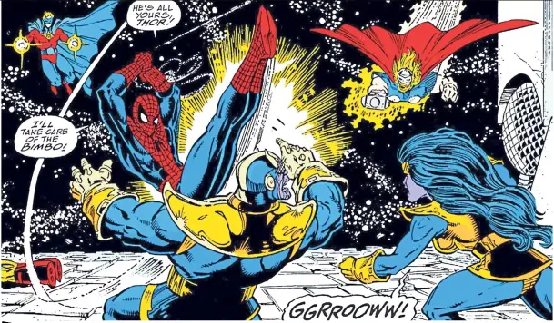  ??  ?? Spider-Man, Spider-Man, kicking Thanos like an old tin can... — Photos: Marvel Comics