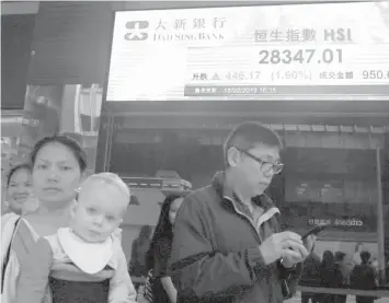  ??  ?? People walk past an electronic board showing Hong Kong share index outside a bank in Hong Kong. Shares were mostly higher in Asia on Wednesday after a modestly high finish on Wall Street that extended the market’s gains into a fourth week. ASSOCIATED PRESS