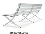  ??  ?? BD BARCELONA DESIGN B BENCH Featuring slats in anodised extruded aluminium (either left pure or upholstere­d with fabrics or leather) and cast-aluminium legs, this elegant bench is intended for public and domestic use, whether indoors or outdoors. It is...