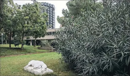  ?? DAVID AIROB ?? Belleza ultrajada. La delicadeza de esta escultura de mármol, a la que acompañan al fondo dos gamos de bronce, no ha sido suficiente antídoto
contra los vándalos