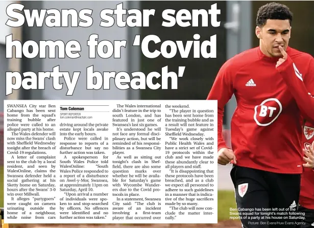  ?? Picture: Ben Evans/huw Evans Agency ?? Ben Cabango has been left out of the Swans squad for tonight’s match following reports of a party at his house on Saturday.