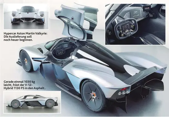  ??  ?? Hypercar Aston Martin Valkyrie: Die Auslieferu­ng soll noch heuer beginnen. Gerade einmal 1030 kg leicht, fräst der V- 12Hybrid 1130 PS in den Asphalt..