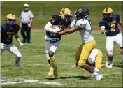  ?? OWEN MCCUE - MEDIANEWS GROUP ?? Pope John Paul II’s Kese Williams (20) stiff arms a New Hope-Solebury defender Saturday at PJP.