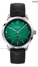  ??  ?? GLASHÜTTE ORIGINAL The ultimate retro watch, the Sixties Panorama Date comes with a cool green dial with a dégradé effect, which makes the green shade appear increasing­ly saturated towards the centre