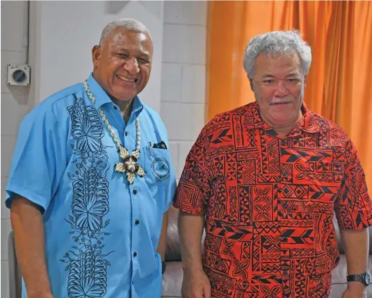  ?? Photo: DEPTFO News ?? Prime Ministers Voreqe Bainimaram­a and Enele Sopoaga after the press conference at Funafuti, Tuvalu on August 17, 2019.
