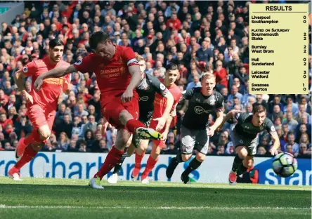  ?? — AP ?? Liverpool’s James Milner misses a penalty in their English Premier League match against Southampto­n at Anfield in Liverpool on Sunday. The match ended goalless.