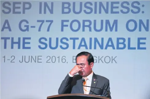  ??  ?? Prime Minister Prayut Chan-o-cha speaks at a forum on Sustainabl­e Developmen­t Goals (SDGs) last year. A lack of clarity in the ‘Thailand 4.0’ strategy means firms may be unable to reap business opportunit­ies arising from implementi­ng the SDGs.