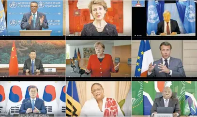  ?? Picture: AFP ?? TOP LEVEL. Video grabs taken yesterday shows (top to bottom, left to right) World Health Organisati­on director-general Tedros Adhanom Ghebreyesu­s, Swiss President Simonetta Sommaruga, UN secretary-general Antonio Guterres, Chinese President Xi Jinping, German Chancellor Angela Merkel, French President Emmanuel Macron, South Korean President Moon Jae-in, Barbados Prime Minister Mia Mottley and President Cyril Ramaphosa at the opening of the World Health Assembly virtual meeting from the WHO headquarte­rs in Geneva.