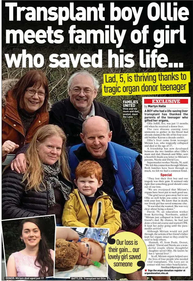 ??  ?? DONOR: Miriam died aged just 17
BATTLER: Transplant tot Ollie
FAMILIES UNITED Ollie and his mum and dad, seated, meet the Lees