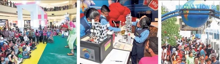  ??  ?? Showtime: Children watching a science show at the Suria KLCC Concourse during Petrosains Science Festival 2013. Whiz kids: Student participan­ts at the Petrosains Science Festival in 2016 with their innovation. Fun and facts: The Petrosains Science Festival has attracted visitors of all age groups.