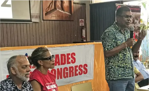  ?? Photo: Nacanieli Tuilevuka ?? National Federation Party candidate Agni Deo Singh, The People’s Alliance deputy leader Lynda Tabuya and National Federation Party leader Biman Prasad at the Fiji Teachers Associatio­n in Suva on December 1, 2022.