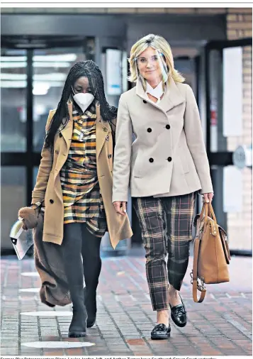  ??  ?? Former Blue Peter presenters Diane-louise Jordan, left, and Anthea Turner leave Southwark Crown Court yesterday