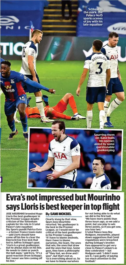  ??  ?? Schlupp to the mark: the Palace No15 sparks scenes of joy with his late equaliser
Spurring them on: Kane hails his opener, aided by some questionab­le goalkeepin­g