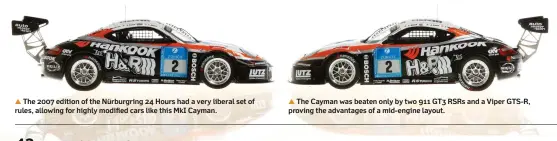  ??  ?? ▲ The 2007 edition of the Nürburgrin­g 24 Hours had a very liberal set of rules, allowing for highly modified cars like this MkI Cayman. ▲ The Cayman was beaten only by two 911 GT3 RSRs and a Viper GTS-R, proving the advantages of a mid-engine layout.