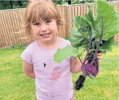  ??  ?? Youngster Keira Cameron from Kirriemuir with a home-grown vegetable.