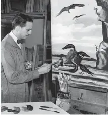  ?? HAROLD REVOIR/TRIBUNE ?? Richard Florsheim works in the two-story living room and studio he and his artist wife occupied in Tree Studios circa 1951.