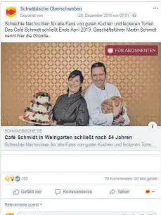  ?? ARCHIVFOTO/SCREENSHOT: SZ ?? Die Weingarten­er Bürger werden das Café Schmidt vermissen. Das zeigte die rege Interaktio­n auf Facebook.