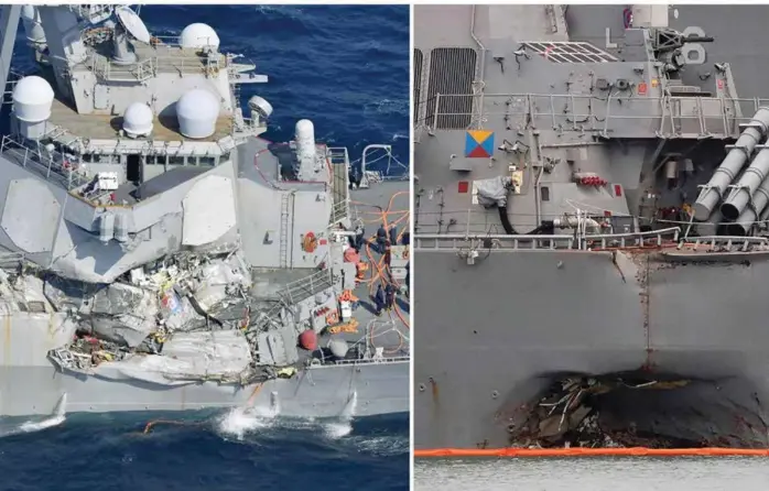  ?? FOTO: NTB SCANPIX ?? KOLLIDERTE: De to amerikansk­e skipene USS «Fitzgerald» og USS «John S McCain» kolliderte i fjor. Her er noen av skadene på skipene.