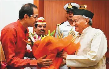  ?? ANI ?? Shiv Sena leader and chief minister candidate Uddhav Thackeray of the NCP-Congress-Shiv Sena alliance meets Maharashtr­a Governor Bhagat Singh Koshyari yesterday.