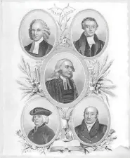  ??  ?? Engraved portraits of eminent 18th-century Church of England clergymen, including John Wesley (centre)