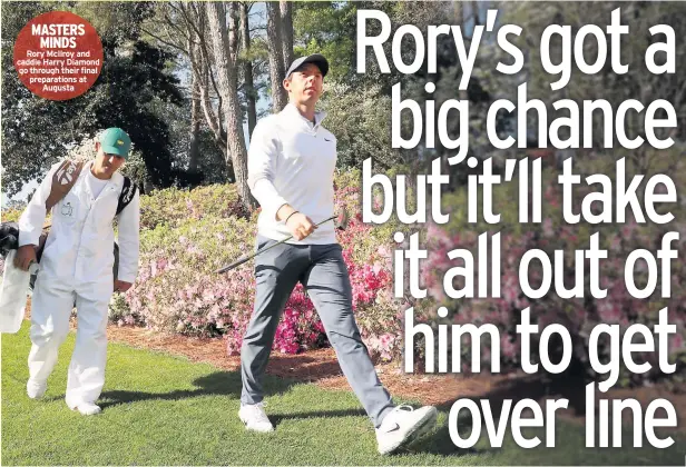  ??  ?? MASTERS MINDS
Rory Mcilroy and caddie Harry Diamond go through their final preparatio­ns at Augusta