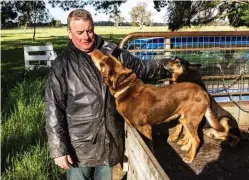  ??  ?? John Cooper, farm manager at the SA Research and Developmen­t Institute’s Struan Research Centre, cops a kelpie kiss at the entrance to his own property at nearby Joanna.