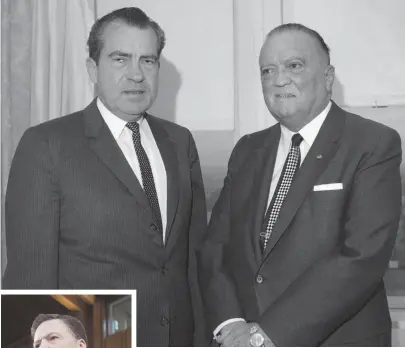  ??  ?? NOT SO COZY: Former President Richard Nixon, above left, reportedly had a close relationsh­ip with his FBI director, J. Edgar Hoover, right. But President Trump’s relationsh­ip with his top G-man, James B. Comey, left, ended with Comey’s dismissal.
