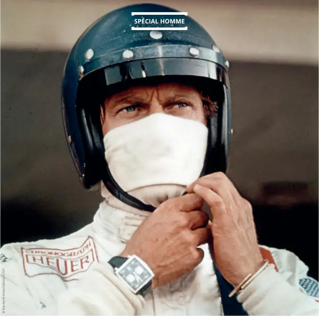  ??  ?? Le Mans de Lee Hatzin avec Steve McQueen, 1971 (sur les 24 Heures du Mans, il porte une montre TAG Heuer Chronograp­h Monaco).
