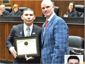  ??  ?? Juan Morales, left, receives a certificat­e from Joe Butler of the John Marshall Law School Veterans Legal Support Center and Clinic. At right, Morales’ booking photo.
| PROVIDED PHOTO; PLAINFIELD POLICE